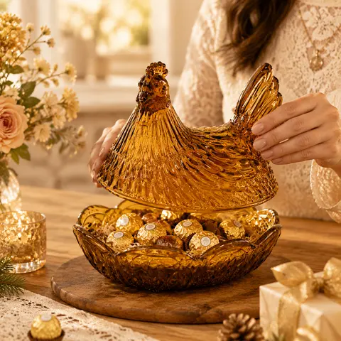 Retro Vintage Aesthetic High Gloss Irregular Translucent Amber Glass Hen-Shaped Food Storage Canister - Durable Lid, Light House Decor, Kitchen Bowl, Unique Gifts Home Supply