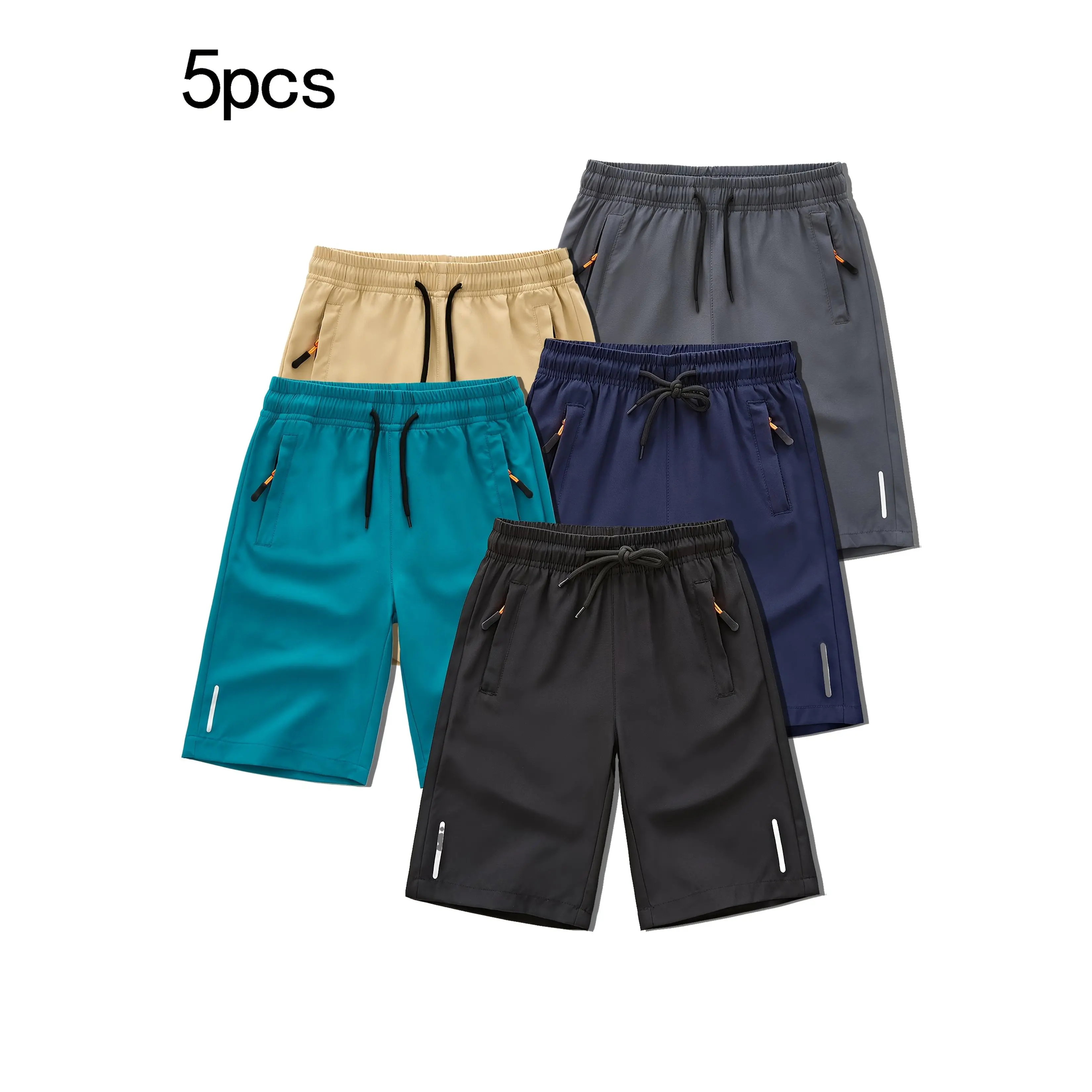 Boys' 5pcs Breathable Comfy Shorts Set - Drawstring Waist, Zip Pockets, Elastane Light Stretch Fabric, Fitness & Outdoor Use, Drawstring Waist Shorts