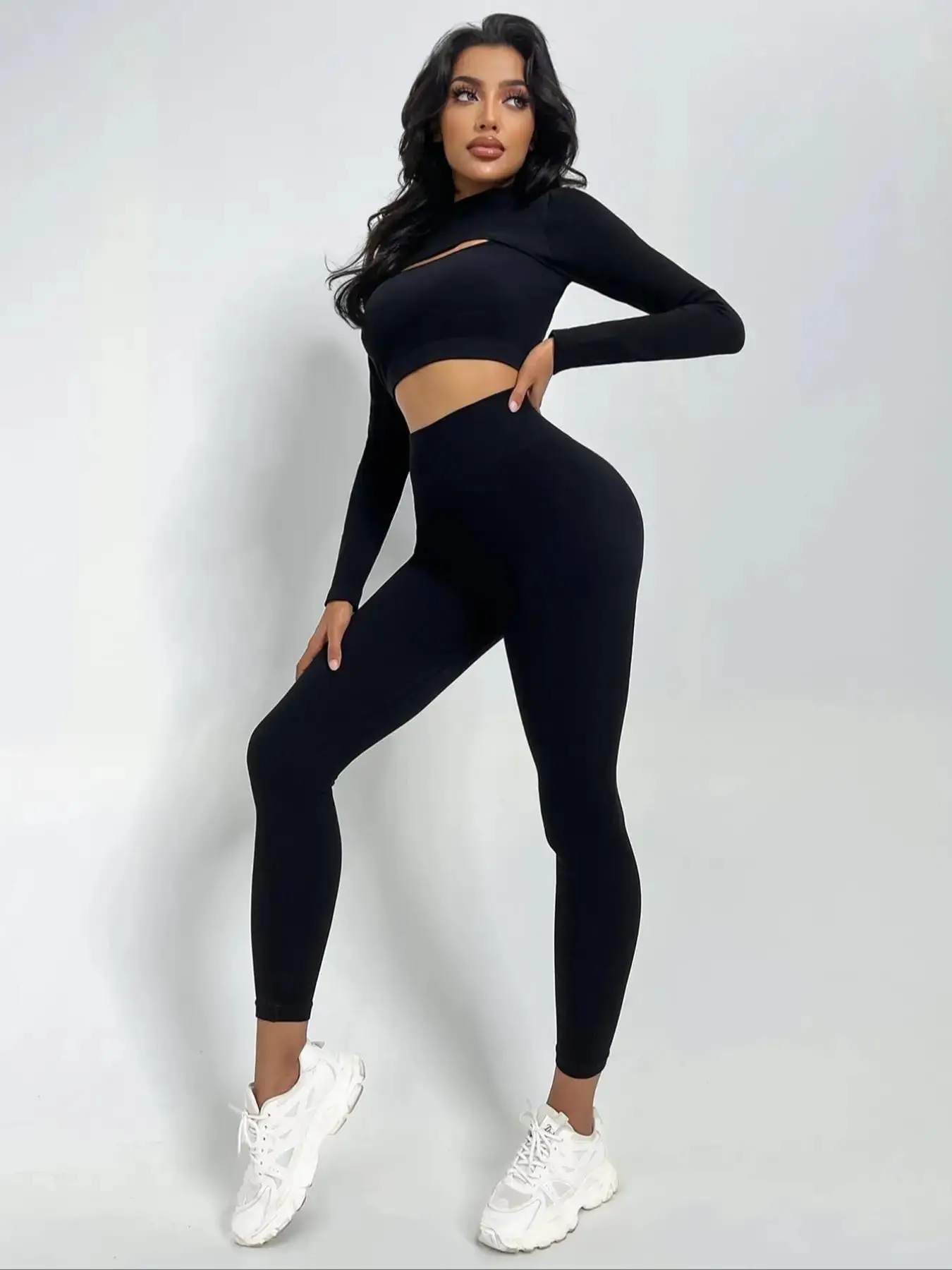 Two-Piece Set Women's Solid Cut Out Crop Top & High Waist Leggings Tracksuit Set, Long Sleeve Mock Neck Top & High Stretch Yoga Pants, Jogging Suit Se