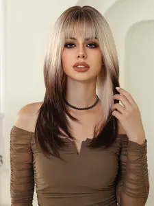 Fashion Long Straight Ombre Wigs for Women, 22 Inch Natural Gorgeous Fluffy Wigs with Bangs, Heat Resistant Synthetic Wigs for Party, Daily Hairstyle Ideas, Synthetic Material Wigs