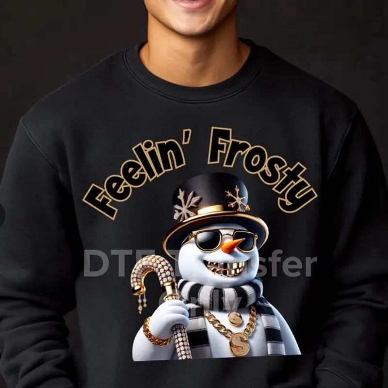 Feelin' Frosty Snowman DTF Transfer Trendy DTF Design with Gold Accents and Sunglasses for Festive Wear