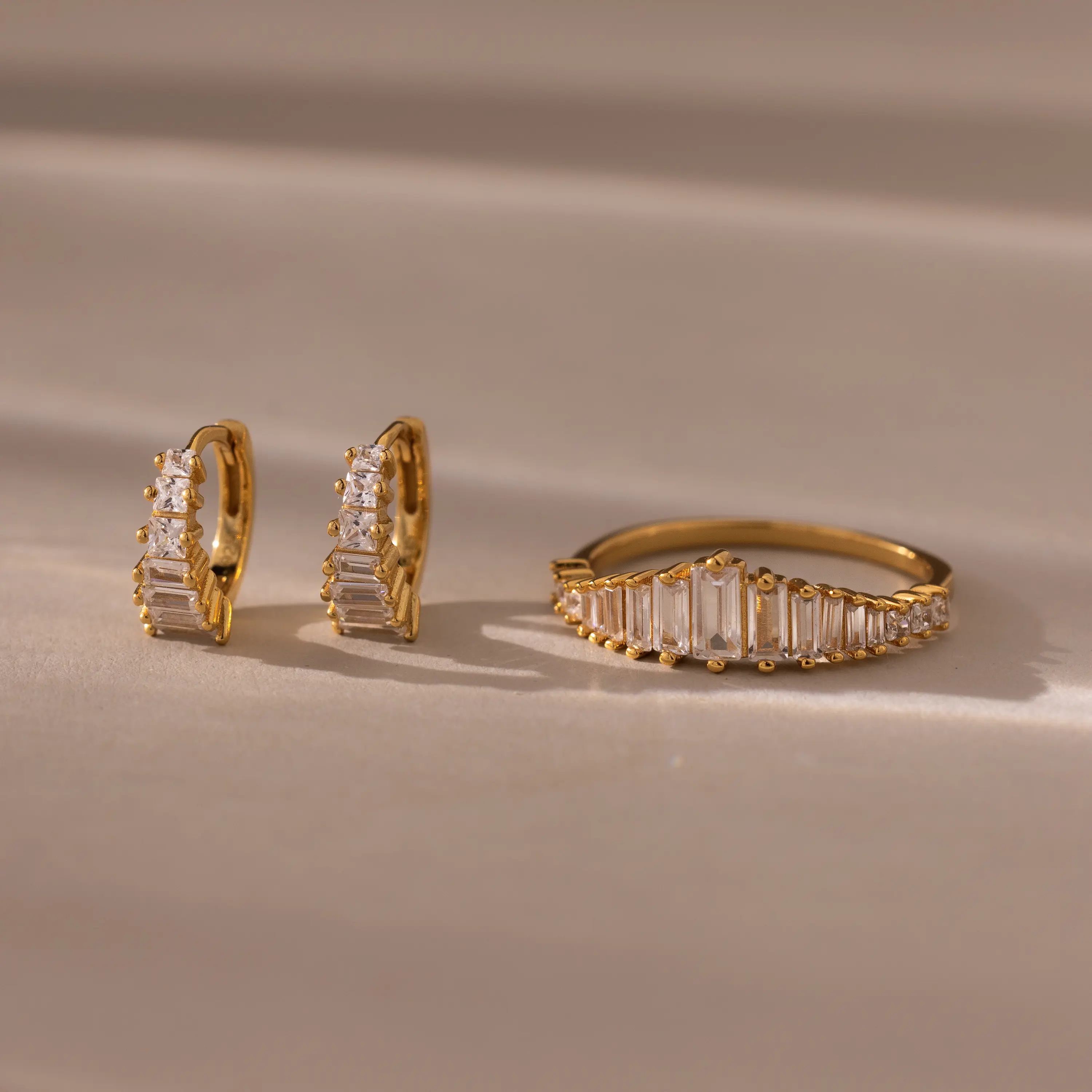 Art Deco Diamond Earrings & Ring Set by Caitlyn Minimalist - Dainty Diamond Huggie Hoop Earrings & Baguette Chandelier Ring - Vintage Jewelry Set - Gift for Wife
