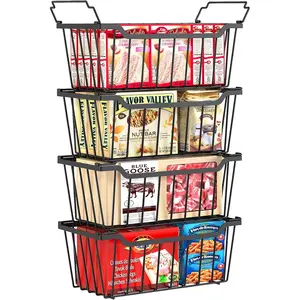 Freezer Organizer Bins, 4 Pack Stackable Chest Freezer Organizer for 5-7 Cu.FT Deep Freezer Sort Frozen Meats and Food, Freezer Baskets with Handles Easy Reach from Bottom, Black