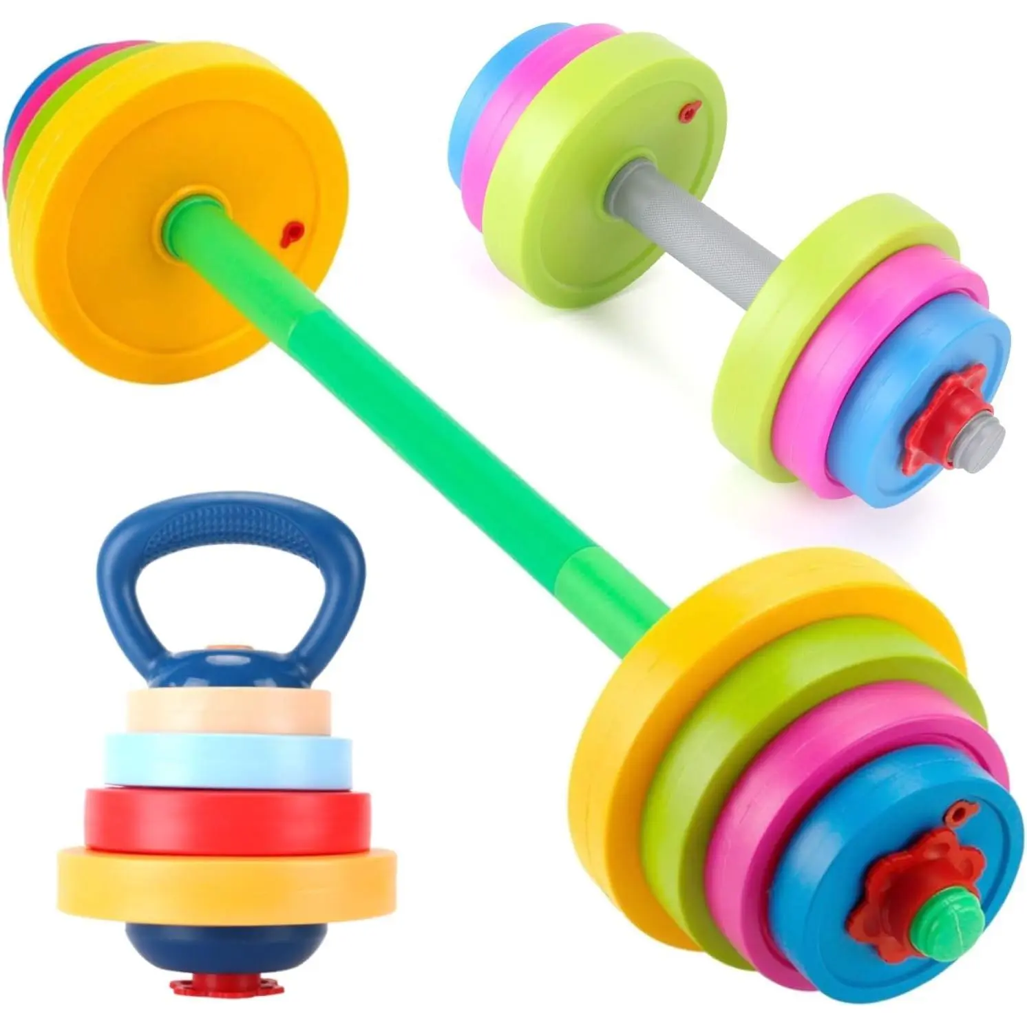 Kids 3-in-1 Adjustable Exercise Weight Set - Dumbbell, Barbell, Kettlebell Toy Equipment for Toddler Beginner Training, Curl & Lunge Play, Family Fitness Time, Form-Teaching Play, Grow with Weight