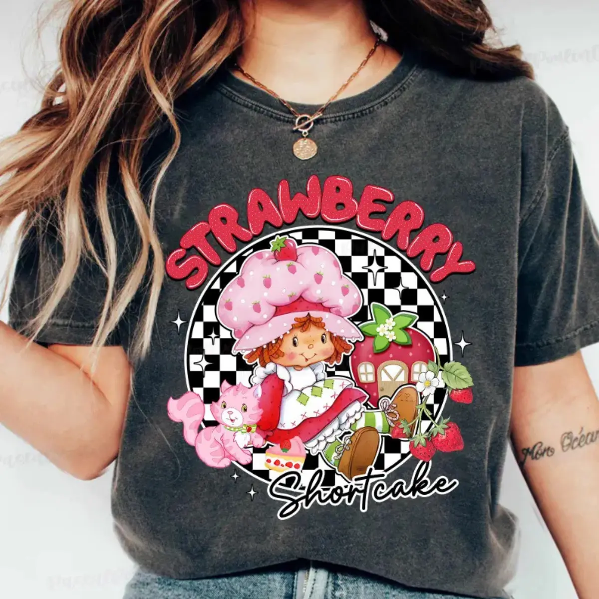 Men's 100% Cotton Oversized 80s Strawberry Shortcake Rainbow Print Graphic T-Shirt, Breathable Casual Round Neck Top, Size 2XL, Cute