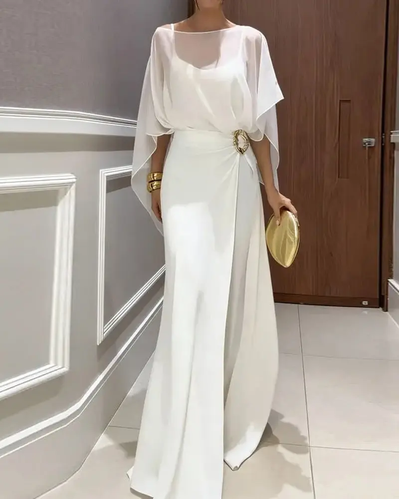 Women's Elegant 3-Piece Formal Skirt Set, Solid Double-Layer Top with Sheer Sleeves and Luxuriously Draping Floor-Length Skirt for Wedding Guests, Women's Clothes, Shortsleeve, Party, Skirts