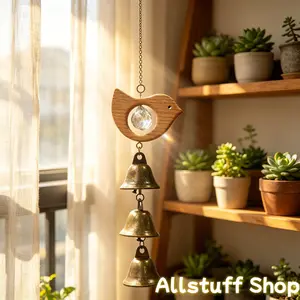 Allstuff Shop Vintage Wooden Bird Wind Chime with Crystal Prism & Metal Bells Hanging Suncatcher for Garden Patio Window Decoration Mother's Day Father's Day Gift Indoor Outdoor Ornament