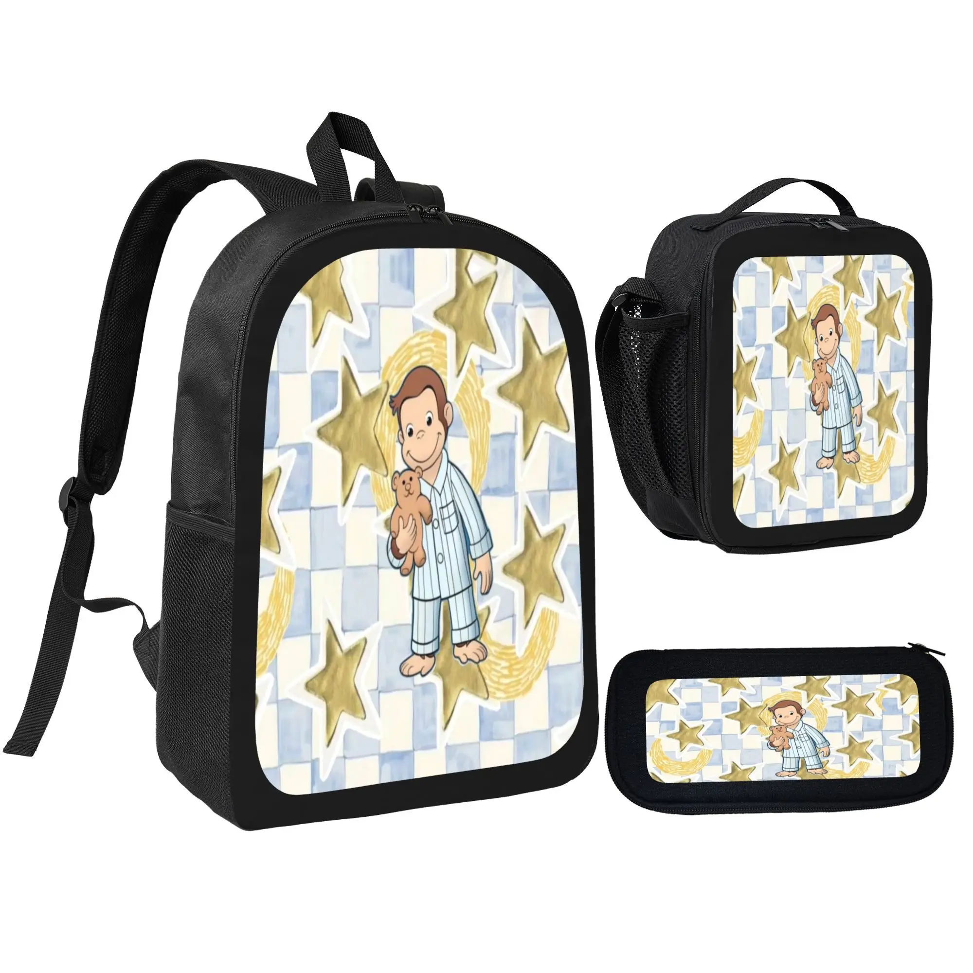 Monkey Cartoon 3pcs Backpack 3-Piece Set - Includes School Bag, Pencil Case, Insulated Lunch Bag - Polyester Lightweight for Daily Use, Zoo, Park & Holiday