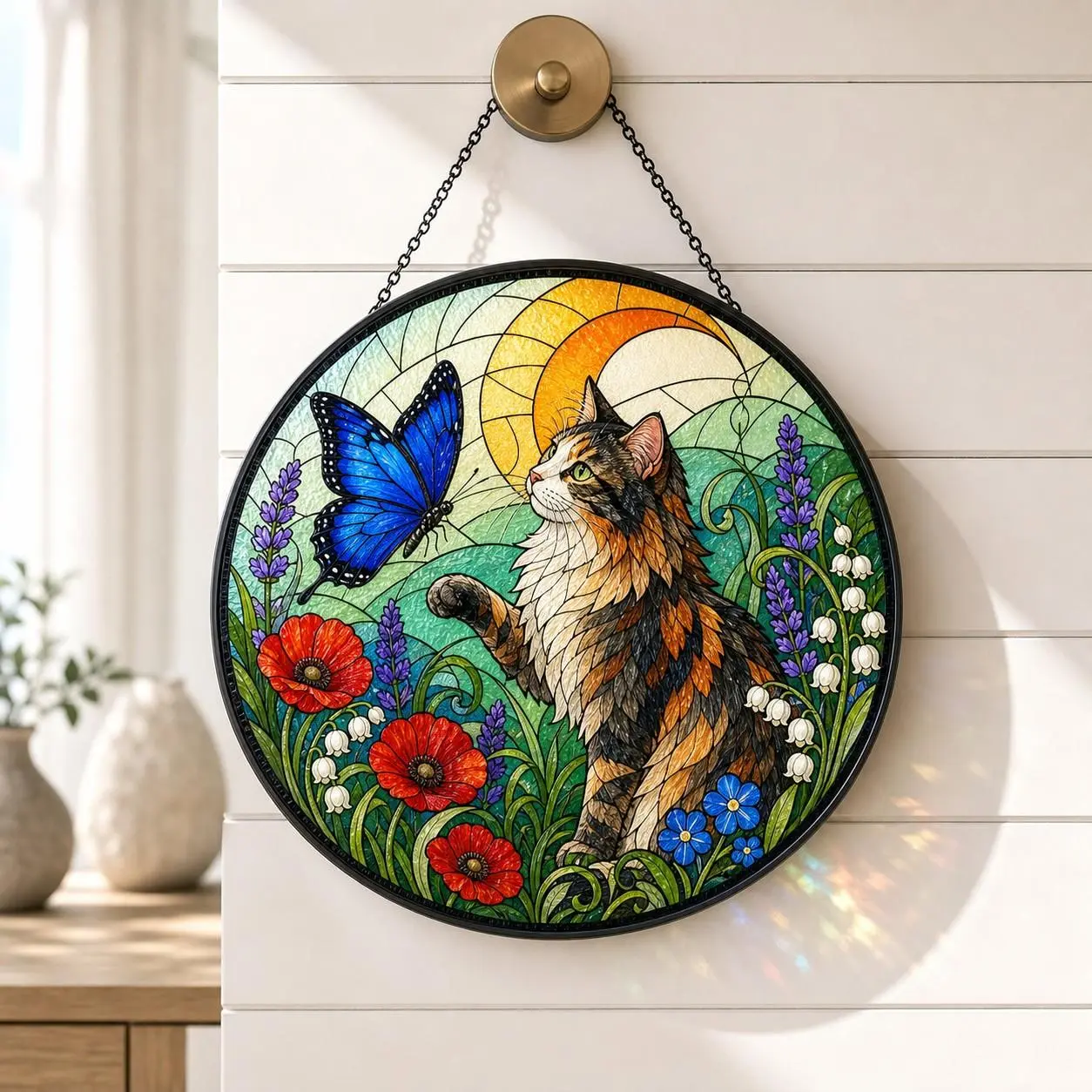 Tortoiseshell Cat Stained Glass Suncatcher, Floral Cat Window Hanging, Cute Kitty Pet Lover Window Decor