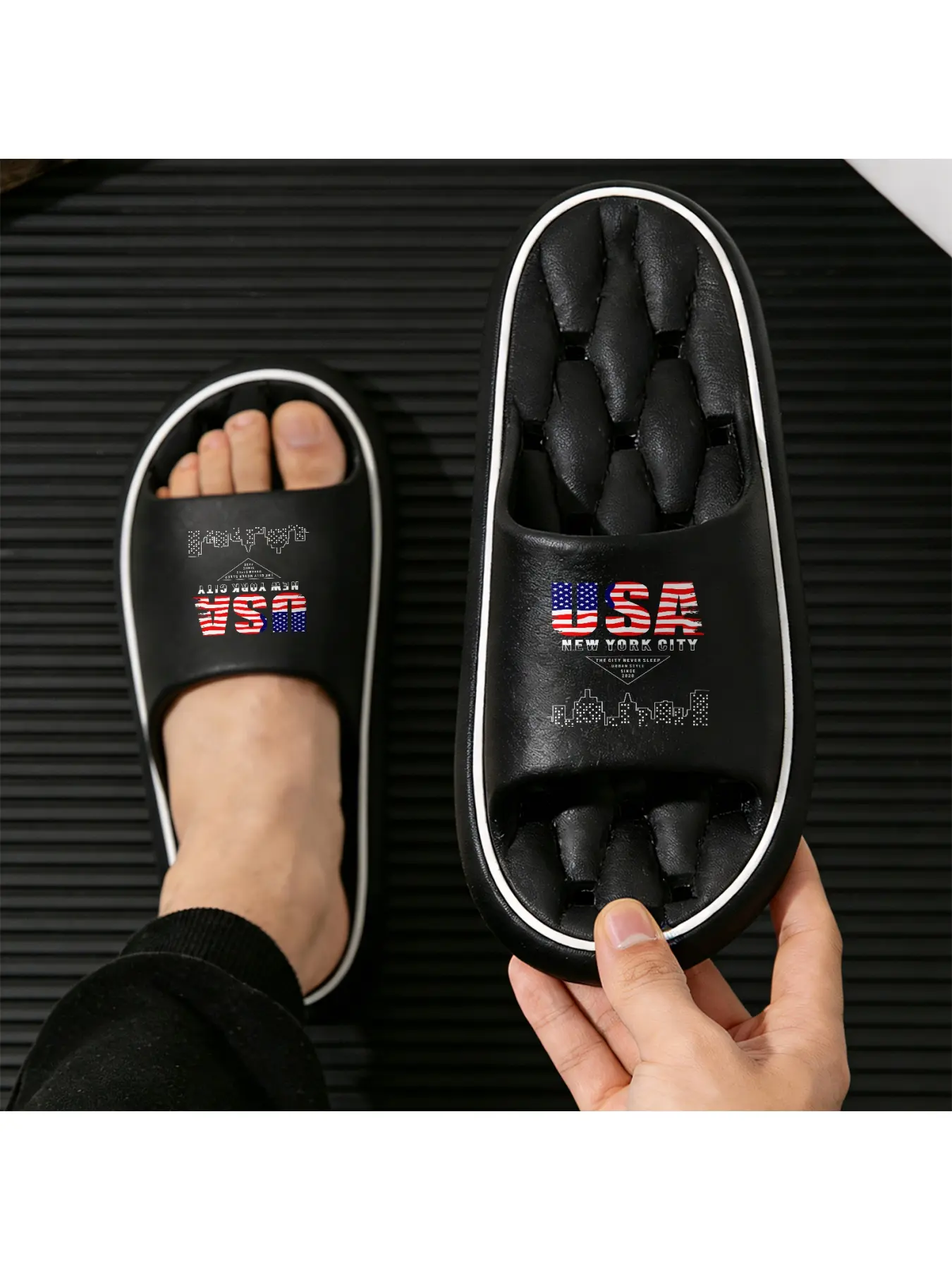 USA Flag Print Slippers for Men and Women, Comfortable Open Toe Slides with Non Slip Sole, Lightweight Soft House Shoes Perfect for Indoor Outdoor Use, Ideal for Fourth of July Patriotic Celebrati