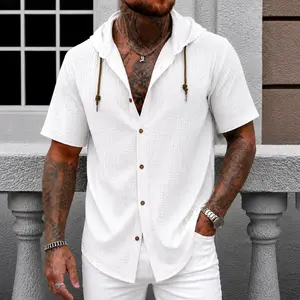 Men's Hooded Button Down Shirt Casual Short Sleeve Lightweight Beach Vacation Summer Shirt