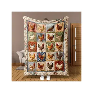 Colorful Plaid Farm Chicken Quilt Flannel Throw Blanket: Red Plaid, Blue Polka Dot, Green Background With Multi-Color Chickens And Floral Edges-30*40in