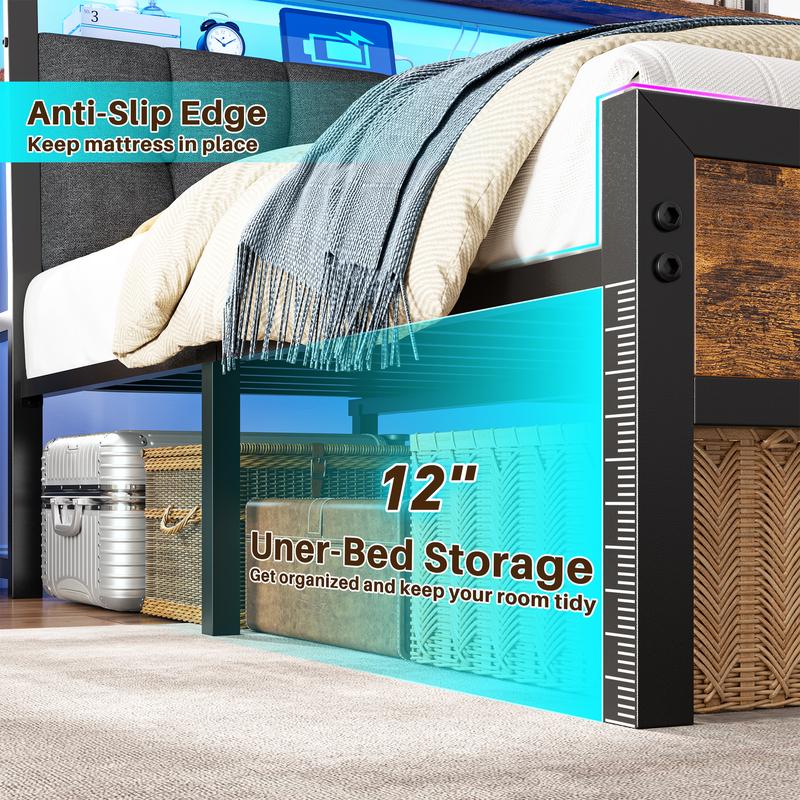 Raybee LED Bed Frame with Charge Station for Queen, Full, King, Platform Bed Frame with Upholstered Ergonomic Heardboard , 2 Tiers of Shelves & 12" Underbed Storage, Industrial Modern Bedroom Furniture, 1000lbs Capacity with Metal Slats & Frame, Black