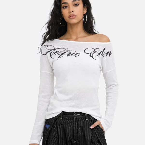 Aelfric Eden Women's Off-Shoulder Graphic Tee - Long Sleeve Everyday Tops, Slim Fit High-Stretch Knitwear, Gothic Rhinestone Script Print, Asymmetric Neckline, 2000s Off-Shoulder Edge Streetwear Clothing for Women