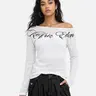 Aelfric Eden Women's Off-Shoulder Graphic Tee - Long Sleeve Everyday Tops, Slim Fit High-Stretch Knitwear, Gothic Rhinestone Script Print, Asymmetric Neckline, 2000s Off-Shoulder Edge Streetwear Clothing for Women