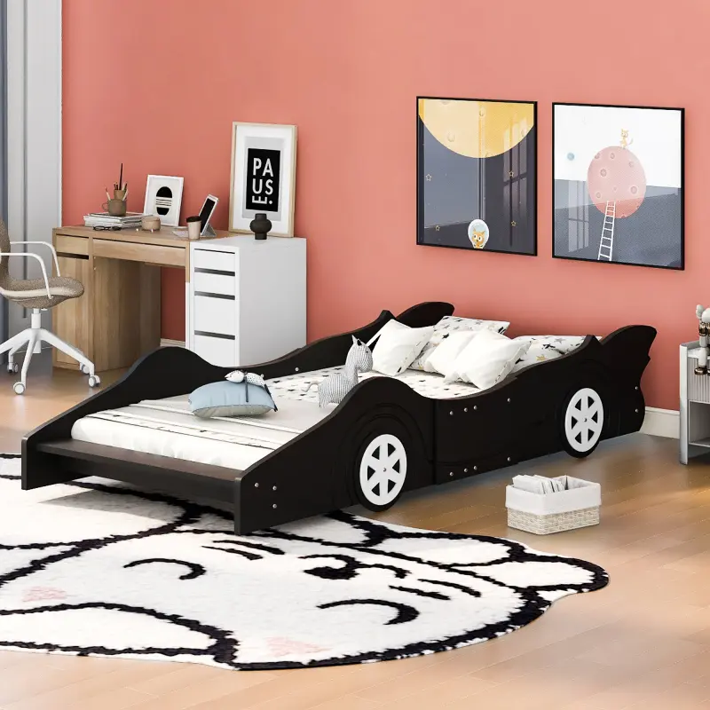 [SOIYELIFE]Black Twin Size Race Car Bed with Wheels and Platform Base, Fun and Functional Design for Kids' Rooms, Perfect for Young Racers