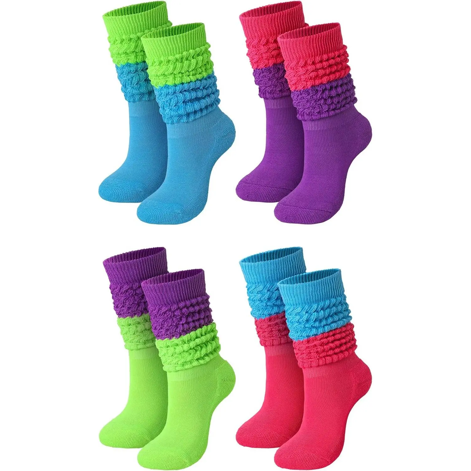 4 Pairs Slouch Socks for Women Bulk Stacked Boot 80s 90s Neon Slouch Knit Scrunchie Socks