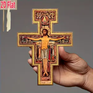 2D Flat Saint Damiana Cross Print, Wooden Wall Hanging Ornaments, Religious Art, Vibrant Colors, Ideal for Church, Events, Festive Decor, Wooden Cross Decorations, Gift