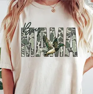 Boy Mama Camo Ducks Hunting Crewneck T-Shirt Unisex Cotton for Women, Camo Mama Tee, Mallard Ducks Mama Hunting Camo T-Shirt, Mother's Day Gift, Mother's Day, Full Size, Full Color