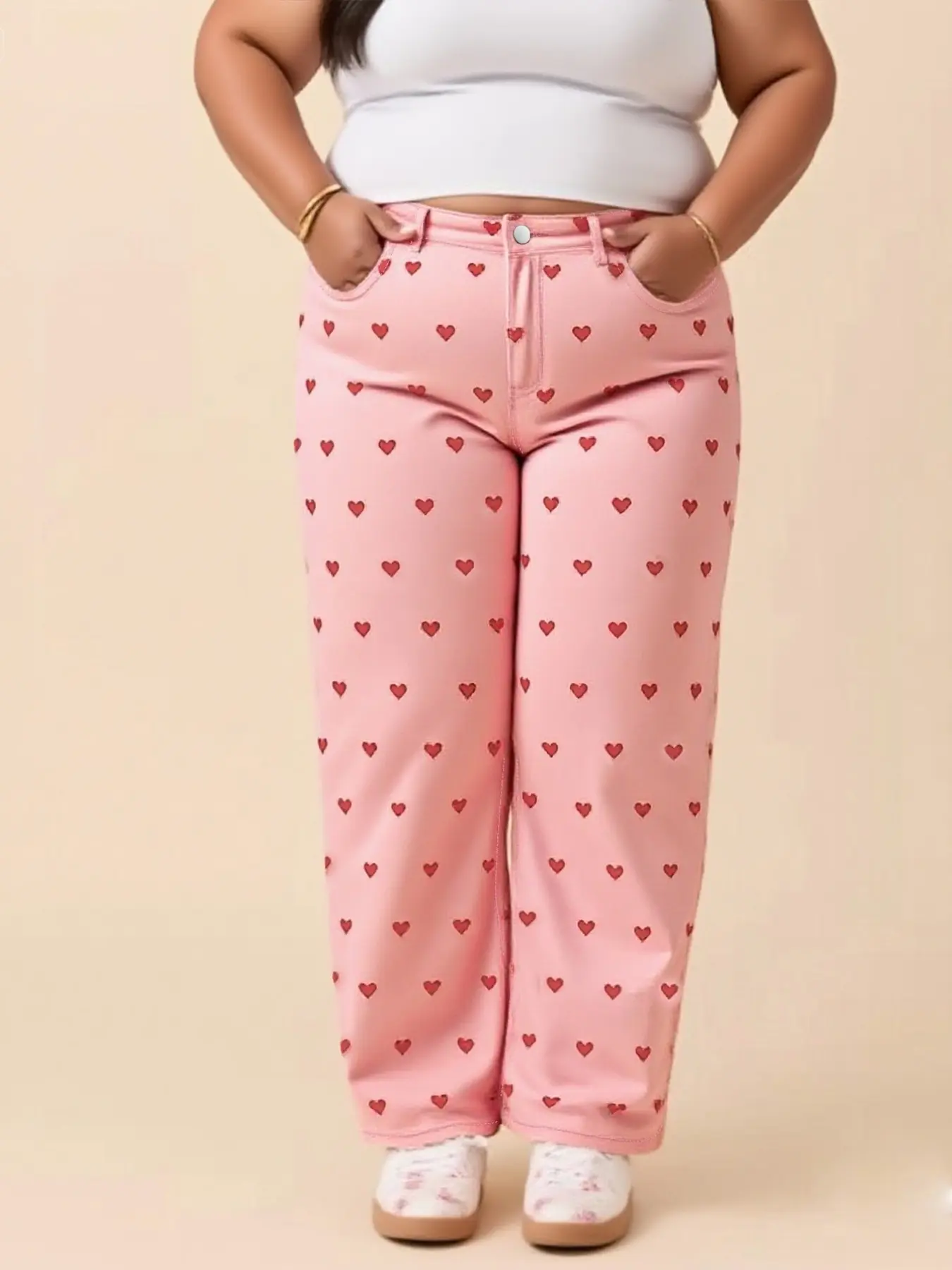 Plus Size Women's Heart Print Relaxed Fit Jeans, Casual Design Jeans, Elastic Washed Denim, Loose Fit Wide Leg Pants, Casual Spring, All Seasons, Trouser, Womenswear