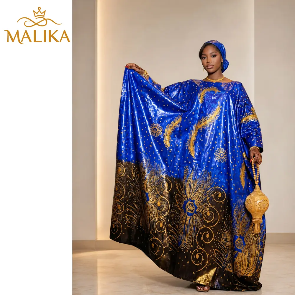 African Print Boubou Dress, Women's Bazin Riche Formal Party Gown with a Cowl Neck and Long Batwing Sleeves, Modest