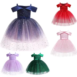 Girls Star Print Off The Shoulder Gauze Strap Sleeveless Dress Princess One Piece Party Dress From 3-10T ZT-8029 Tutu