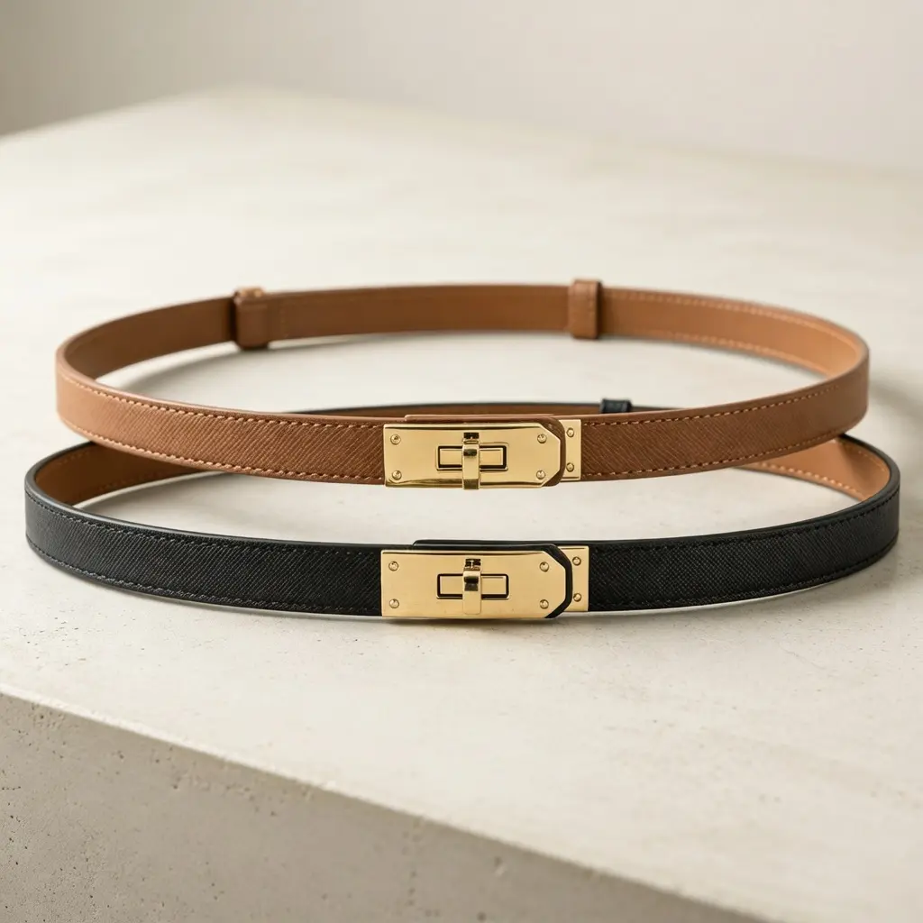 Women's Skinny Leather Belt with Adjustable Golden Turn-Lock Buckle, Thin Leather Belts for Women Ideal for Dresses, Jeans, and Coats