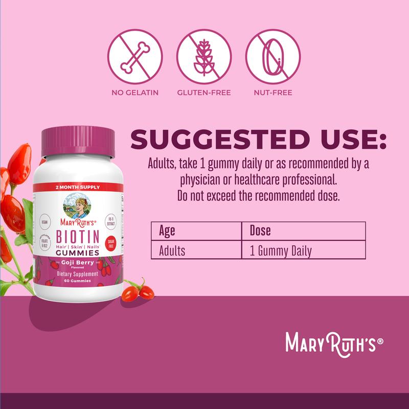 MaryRuth's Biotin Gummies - Sugar Free - 2 Month Supply - Nutrients for Hair Skin & Nails - Biotin 2500mcg - Zinc - B Vitamins - Vegan - 60 Count