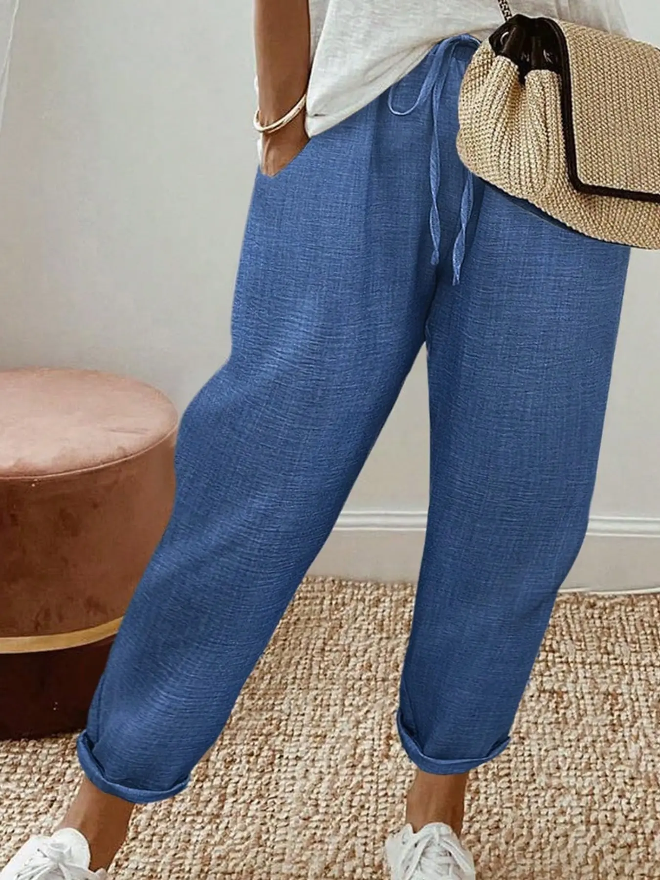 Women's Summer New Harem Pants, Elastic Waist Drawstring Adjustable, Loose Fit Slimming Thin Lightweight Casual Streetwear Trousers Long Pants, Comfortable and Stylish, Casual Summer Bottoms