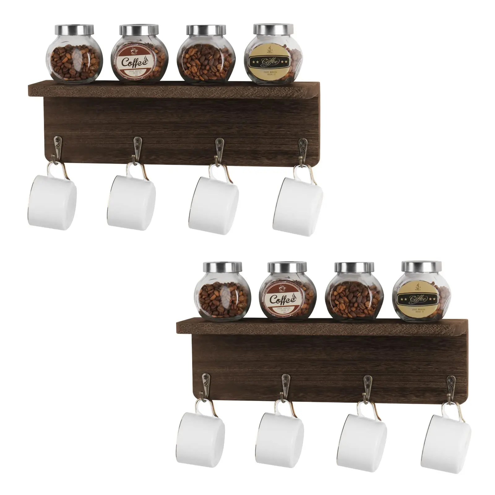 2-Pack Retro Farmhouse Wooden Wall Hanging Coffee Mug Holders with Storage Shelf & 8 Hooks, Decorative Coffee Cup Organizer Hanger for Tea Cups, Easy Installation Home Storage Rack