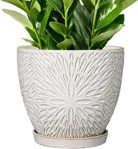 10 Inch Ceramic Planter Pot with Drainae Hole and Saucer Lare  Pot for Indoor  Outdoor Round Flower Pot for Home arden Office White