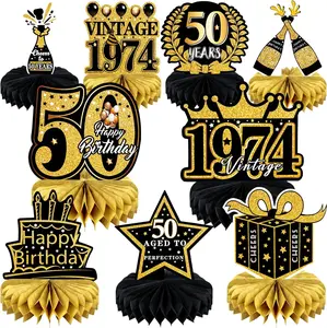 9 Pcs 50th Birthday Decoration for Men Women 50th Birthday Table Decorations Cheers to  Honeycomb Centerpieces 1974 Table Topper Black and Gold