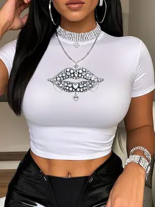 Water Drill Lip Print Round Neck Short T-Shirt, Sexy Crop Top, Slim Fit Short Sleeve, Casual Style, Women's Fashion Tee