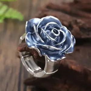 Vintage Enamel Blue Rose Statement Ring for Women | Rococo Style European & American Elegant Jewelry | TikTok Live Cross-Border Accessory