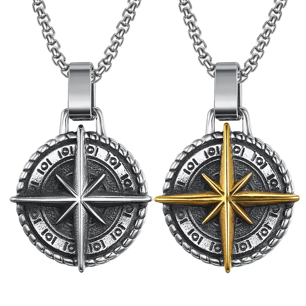 Vintage Compass Pendant Necklace - Corrosion-Proof Stainless Steel Jewelry, 60cm Elegant Square Pearl Chain, Detailed Compass Scales, Unisex Matching Pair for Casual Everyday Wear