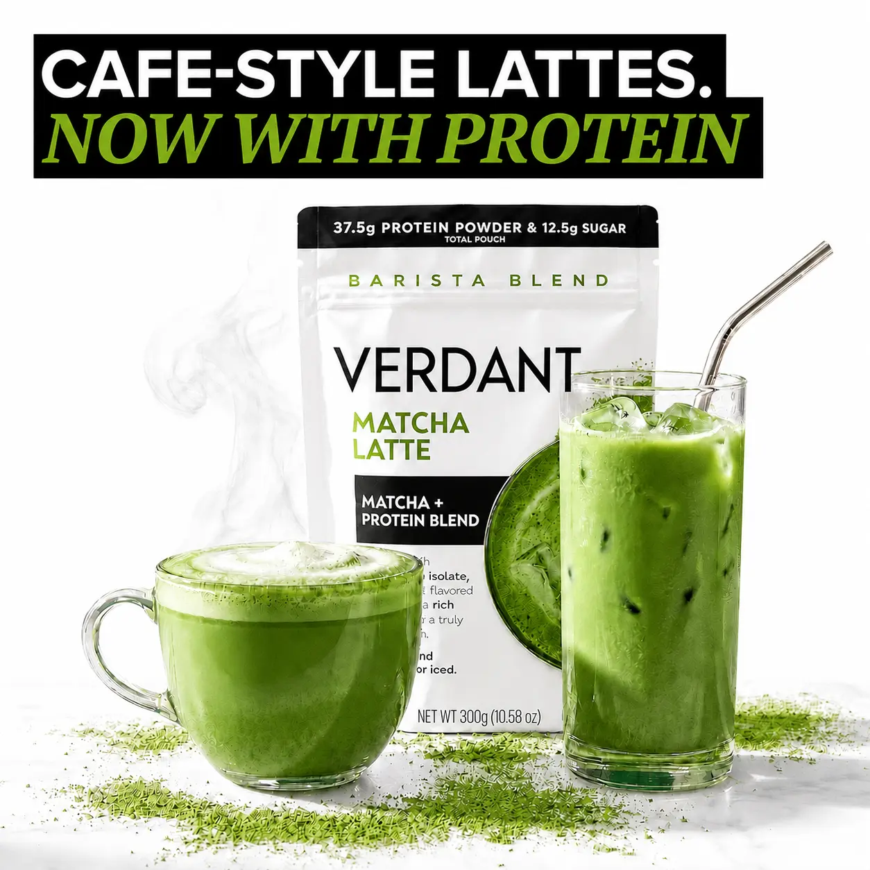 Verdant Matcha Latte Protein Powder, Whey Protein Isolate Blend for Hot or Iced Drinks, Café-Style Matcha Latte Mix with Bold Matcha Flavor, Smooth Mixing, 300g / 10.58 oz, for Breakfast, Post-Workout Shakes, Smoothies and Daily Matcha Routines at Home