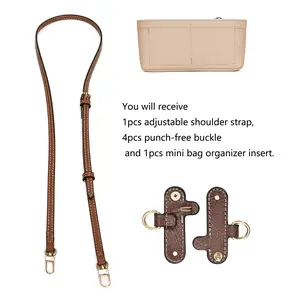 Mini Bag Strap Kit and Organizer Compatible with Longchamp, Punch-Free Buckle Adjustable Leather Replacement Shoulder Strap and Multi-Pocket Felt Organizer Insert (1.2cm)