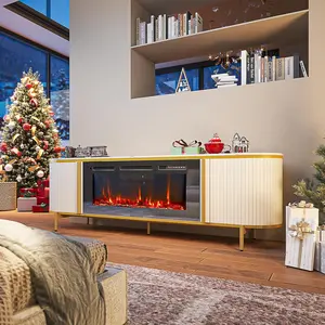 【2 Packages Shipping】oneinmil Luxury 70" Fluted Fireplace TV Stand Modern Chic Entertainment Center for TVs Up to 80" Oak Faux Marble Top with Realistic Electric Fireplace and Adjustable Ambiance