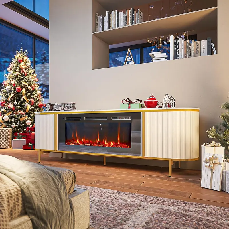 【2 Packages Shipping】oneinmil Luxury 70" Fluted Fireplace TV Stand Modern Chic Entertainment Center for TVs Up to 80" Oak Faux Marble Top with Realistic Electric Fireplace and Adjustable Ambiance