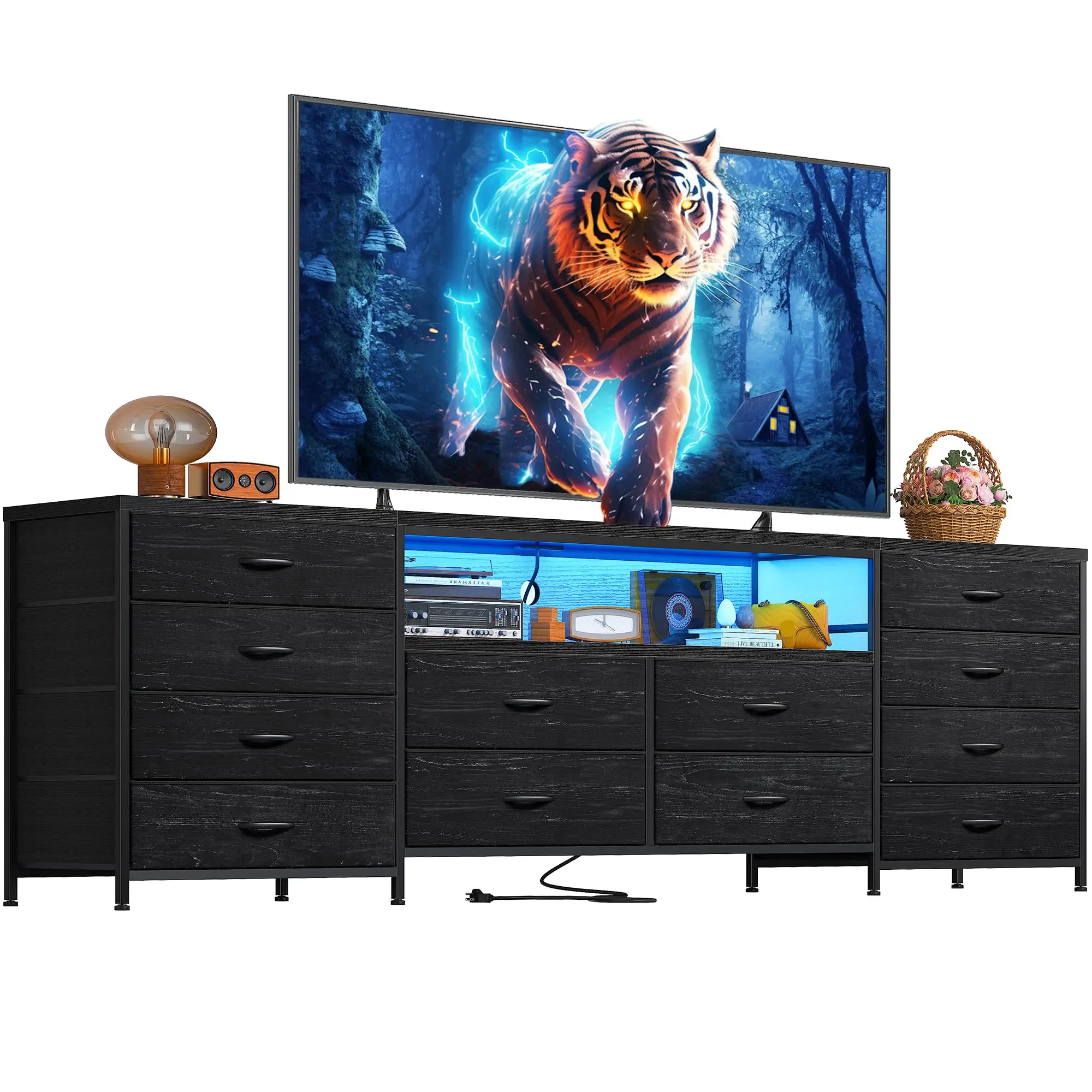 【#TikTokShopFallDealsForYou】Raybee Furniture TV Stand for 65 70 75 Inch TV 63"W Dresser for Bedroom with LED Lights & Power Outlets Long Fabric Dress