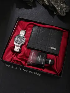 Luxury Gift Box Set (silver Color Steel Band Watch + Geometric Texture Wallet + Perfume), Fashionable Elegant Style, Perfect for Men's Gifts
