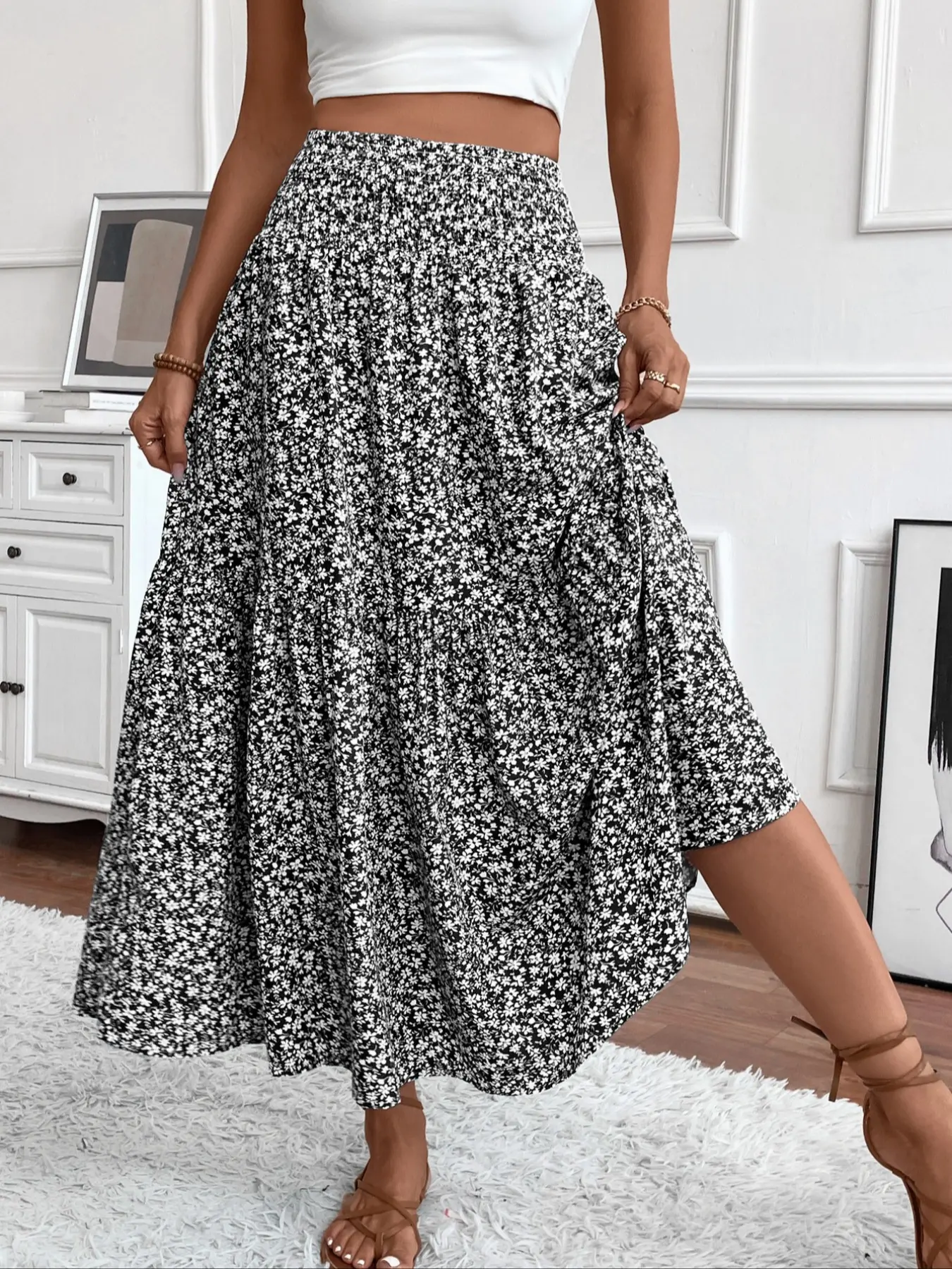 Women's Floral Elastic Waist Pleated Maxi Skirt, Womenswear, Stylish and Comfortable, Perfect for Casual and Formal Occasions