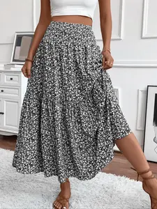 Women's Floral Elastic Waist Pleated Long Floor-Length Maxi Skirt, Stylish and Comfortable, Perfect for Casual and Formal Occasions
