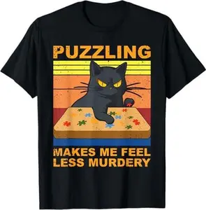 Puzzling Makes Me Feel Less Murdery Retro Vintage Black Cat T-Shirt
