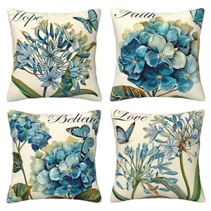 Christian Spring Blue Flower Decorative Pillow Cover, Religious Summer Hydrangea Flower Porch Outdoor Home Decoration, Hope Faith Believe Love Butterfly Sofa Cushion Cover, 4-piece Set with Double sided Printing