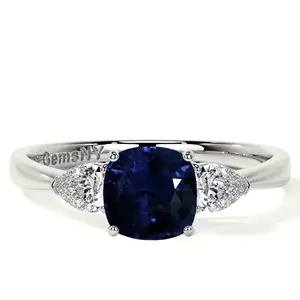 Square Cushion Blue Sapphire Three Stone Ring With Pear Shape Side Diamonds (1.54cttw)- RBS061-6X6-AA