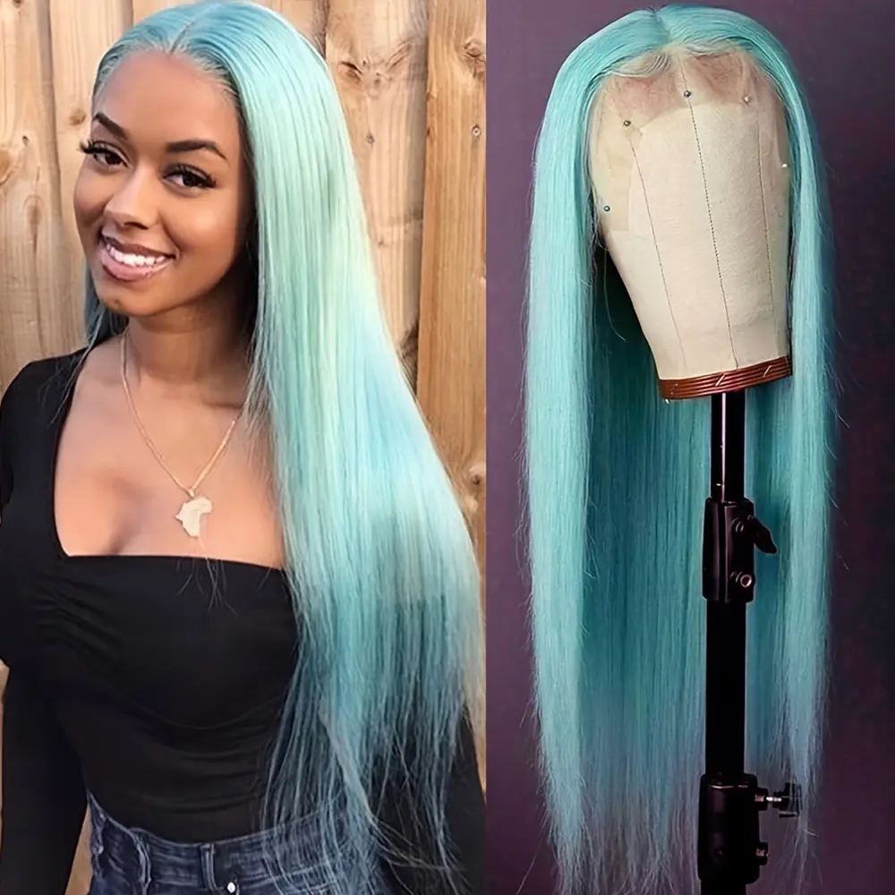 Glueless Blue Wig for Female, 26 Inch Silky Straight Synthetic Hair, Pre-Plucked with 13x4 Free Part, 180% Density Heat Resistant for Daily Wear & Cosplay, Women, Lace Front