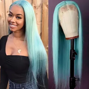 Ice Blue Color Lace Front Wigs 13x4 Free Part 26 Inch Long Straight Hair Pre Plucked Natural Hairline 180% Density Heat Resistant Glueless Transparent Lace Frontal Light Blue Synthetic Replacement Wigs for Women Perfect for Cosplay Party Daily Wear