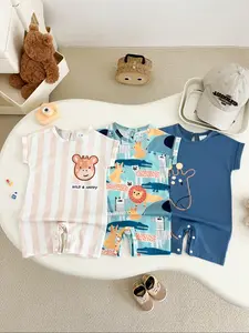 Cute Giraffe Cartoon Print Short Sleeve Romper Set for Baby Boys & Girls, Summer Daily Wear, 3-Piece Comfortable Design, Stripes Print Bodysuit