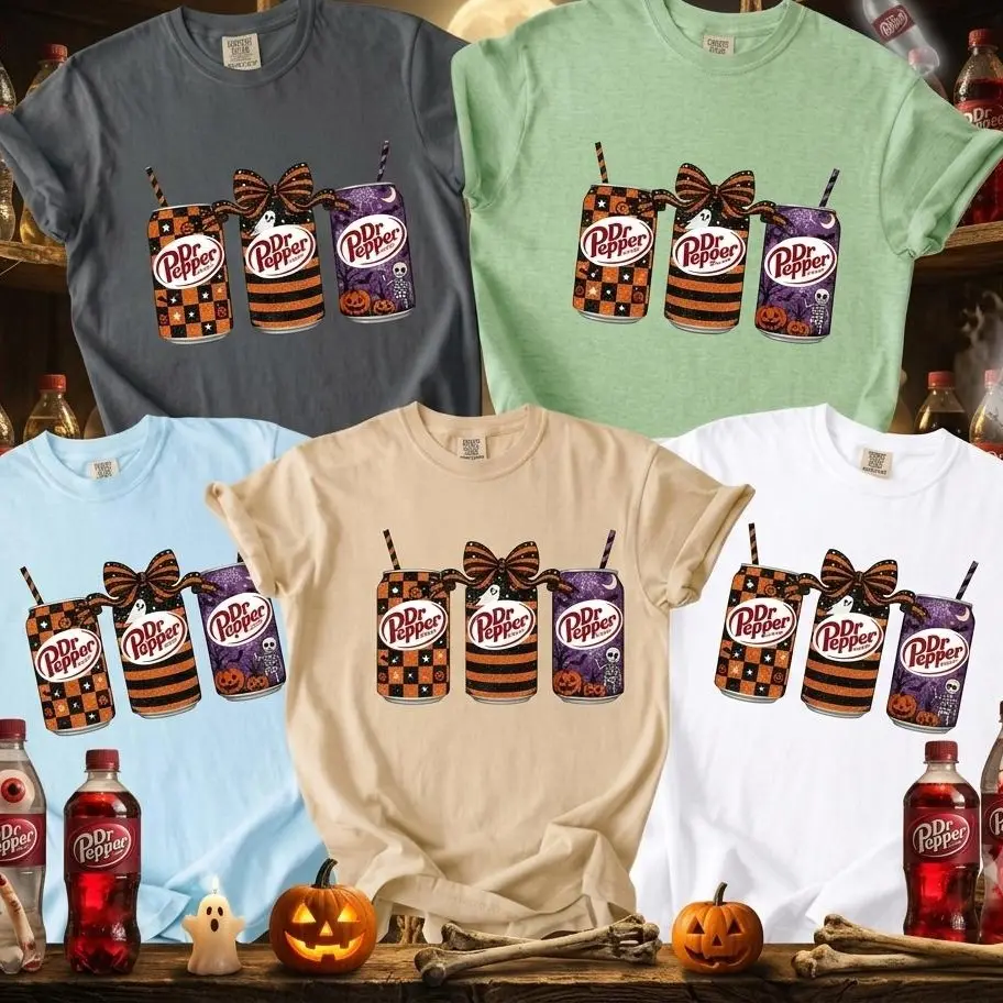 Women's Comfort Colors Halloween DrPepper Soda Can Graphic T-shirt - Short Sleeve, Relaxed Fit, Classic Unisex Crew Neck, Garment Dyed, Faux Glitter Ghost & Skeleton Tee, Soda Lovers Gift - WILLIAM BATTEY